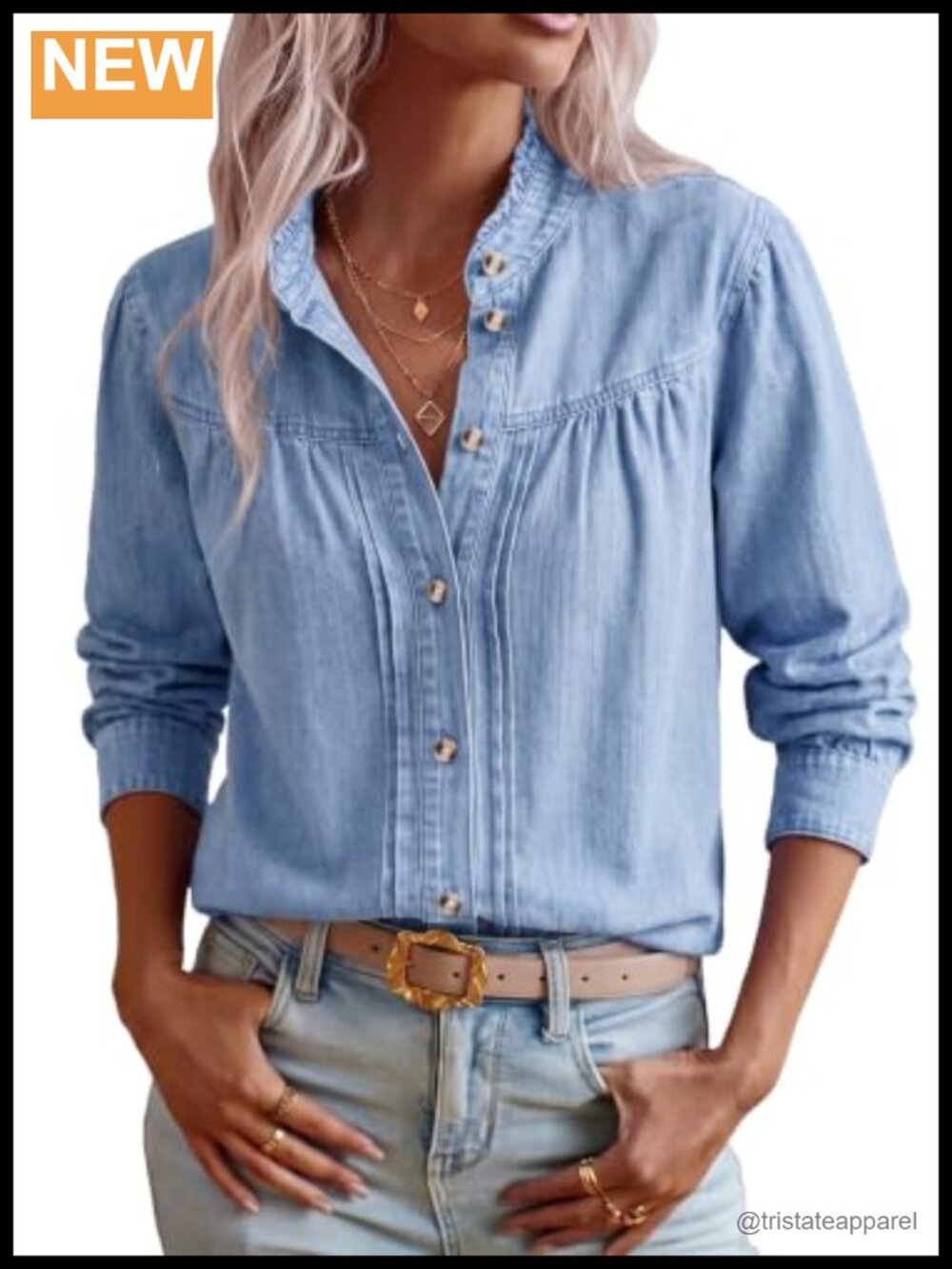 Women's Oversized Denim Button Down Shirt Long Sleeve Western Cowgirl Blouse